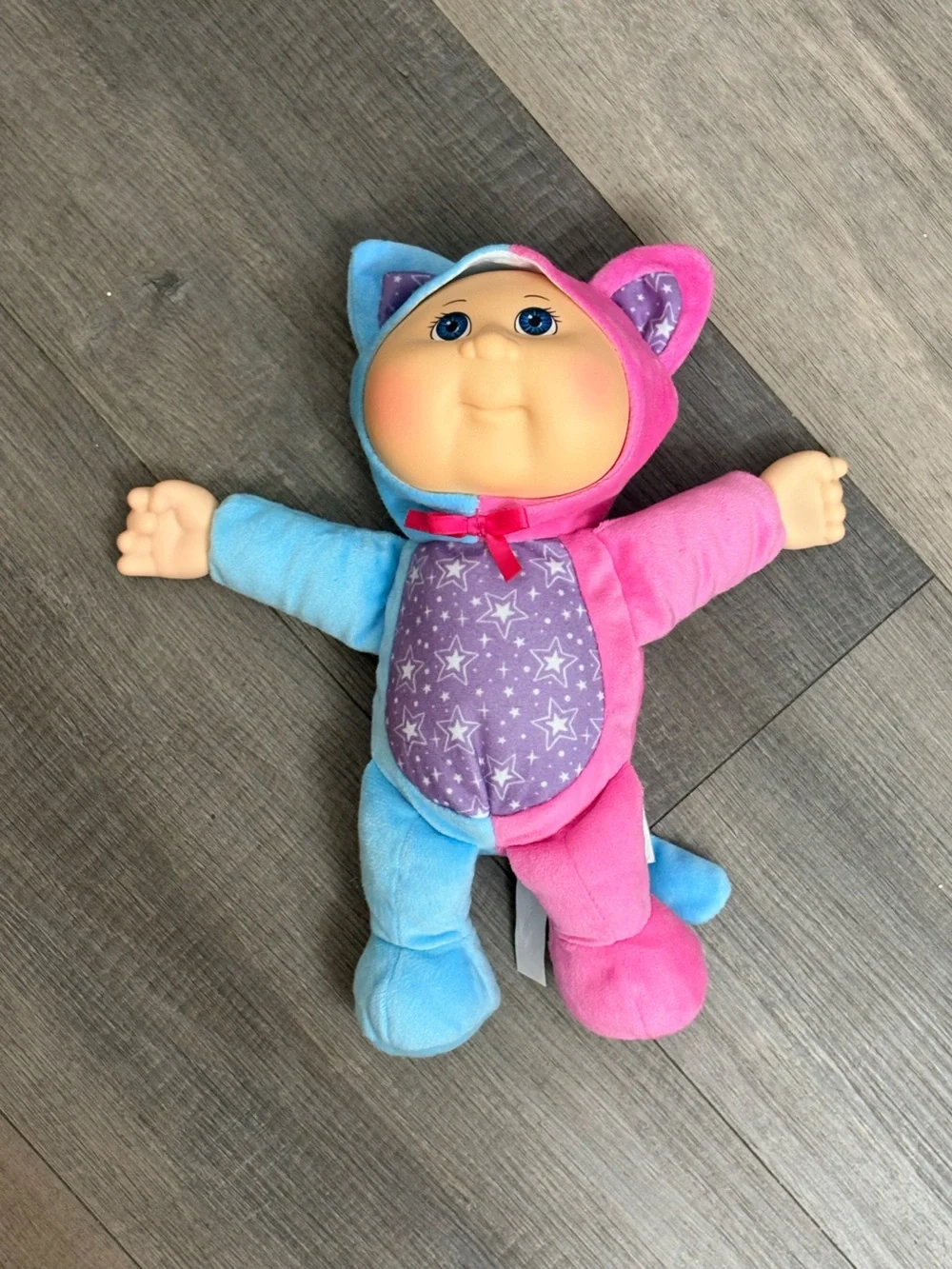 Plush Star-Pattern Baby Doll in Pink, Blue & Purple Hooded Outfit